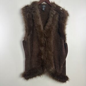 Lisa International Woman 3X Brown Vest Knit Faux Fur Trim Old Money Mob Wife